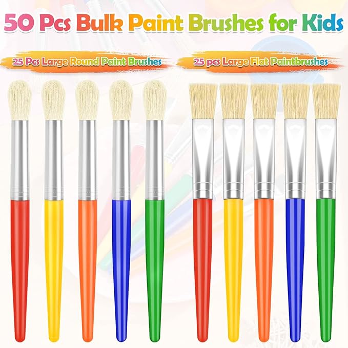Paint Brushes, Anezus 50 Pcs Kids Paint Brushes Bulk Toddler Paint Brushes Set with Big Round Paint Brush and Large Flat Paint Brushes for Preschool Children Painting Party Supplies