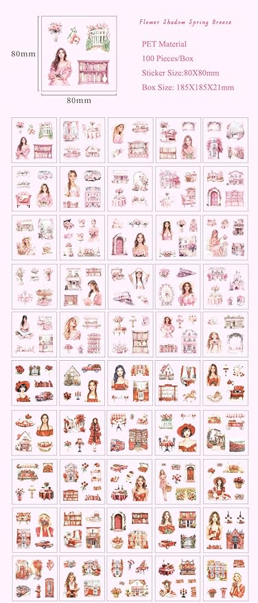 MAFELOE 100 Sheets of Box Set PET Scrapbook Stickers, Aesthetic Deco Junk Journaling Supplies for Planner Art Collage-Season Series-Pink (HZ-M4-HKSJ)