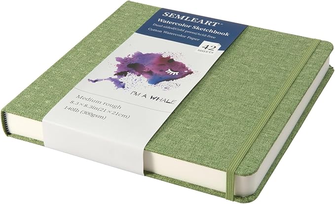 SEMLEART Small Watercolor Sketchbook for Travel,8.3x8.3/42Sheets/140lb(300 GSM),Cotton Pulp Paper ，Mini Watercolor Journal Notebook for Painting,Mixed Media Journal PAD（Green）