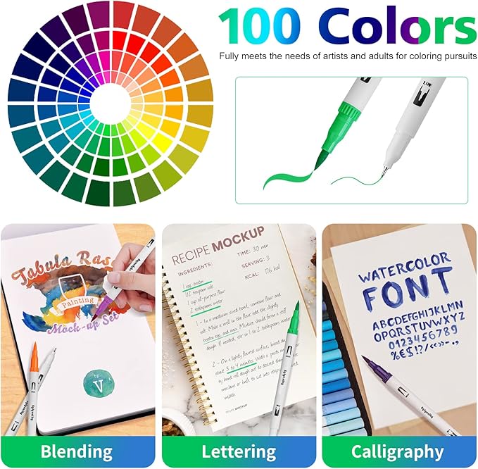Markers for Adult Coloring, 100 colors Dual Brush Pens Art Coloring Pens with Fine Tip and Brush Tip for Adult Kids Drawing Lettering Calligraphy (White Set)