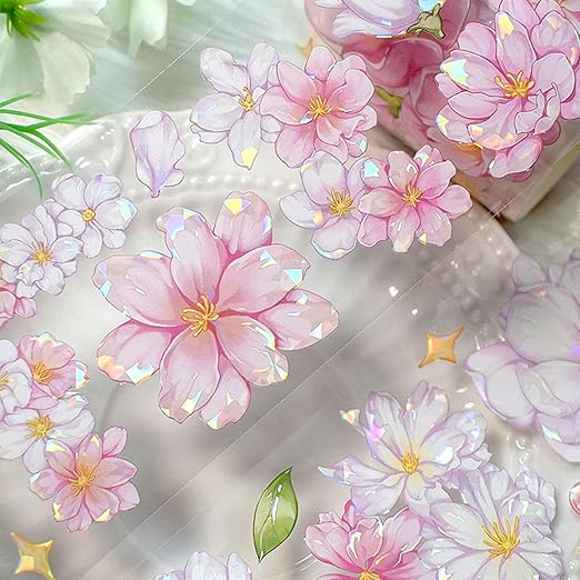 1Roll Laser Flower Wide PET Tape, Floral Decorative Transparent Tape Adhesive Crafts Tapes for DIY Journals Planners Scrapbook Supplies
