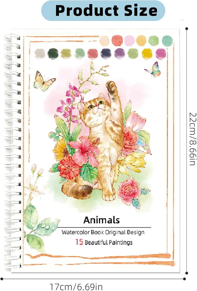 Watercolor Workbook, 15 Different Patterns of Original DIY Paintings for Water Color Book, 8.7 * 6.7inch, Water Coloring Book for Beginners Adults (Without Palette, Animals)