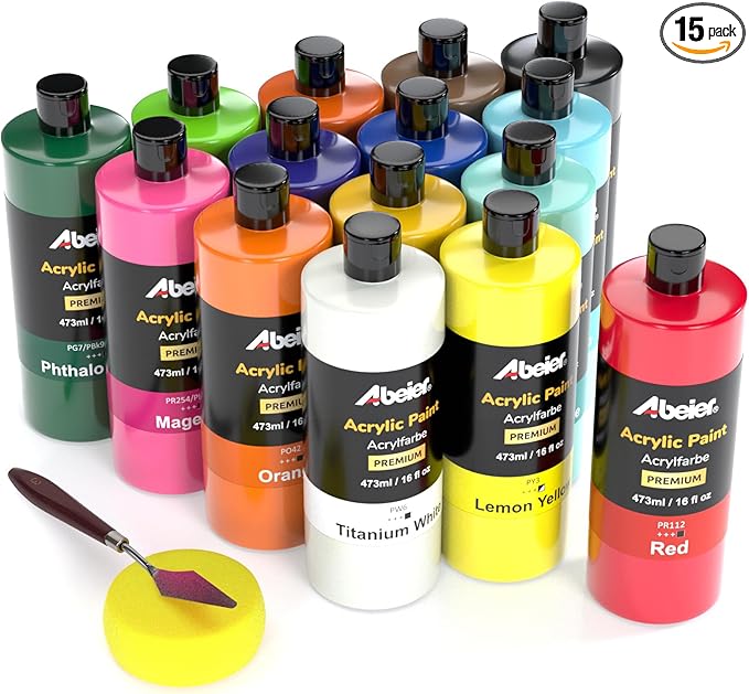 ABEIER Large Bulk Acrylic Paint Set, 15 Colors (473 ml/16 fl oz), Matte Finish, Rich Pigments, Non-Toxic Paints for Painting on Canvas Crafts Wood Ceramic, Ideal for Beginners and Students