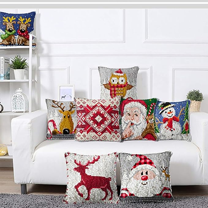 MIAOLLUN Latch Hook Kit, Christmas Latch Hook Kits for Adults DIY Decorative Pillowcase Embroidery Cross Stitch Arts Craft for Home Sofa Furniture 17X17inch Christmas Reindeer