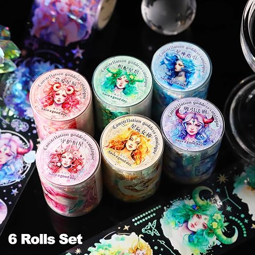 6 Pcs Constellation Goddess PET Scrapbook Tapes, Holographic Stickers for Journaling, Scrapbook Supplies, and Ephemera, with Decorative Clip