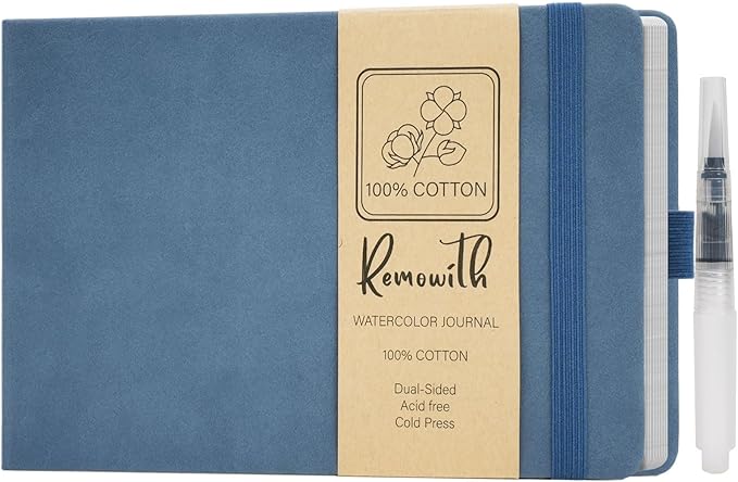 Remowith Leather Cover Watercolor Sketchbook, 9"x5.5" Journal, 300gsm Cold Press Cotton Paper (24 Sheets/48 Pages), Perfect Watercolor Journal for Markers, Pastels, Blue
