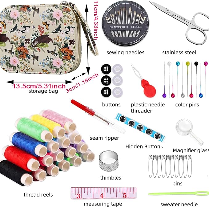 Arts Craft Printing Sewing Kit Butterflies Pattern Sewing Set Professional Travel Sewing Supplies with 18 Colors Sewing Thread, Basic Sewing Accessory for Emergency, Home