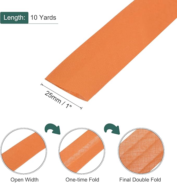 MECCANIXITY 1 Inch Double Fold Bias Tape Polyester Continuous Bulk Bias Tape for Sewing,Seaming Quilting Hemming Binding Crafts (Orange 10 Yards)