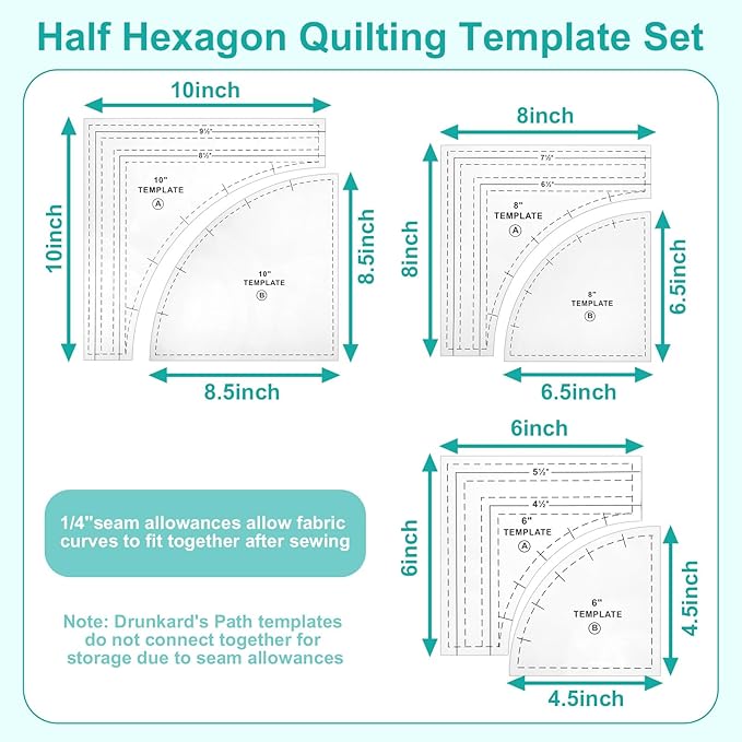 3 Set Drunkards Quilting Templates 10, 8, 6 Inch Quilting Rulers for Cutting Patterns with 1/4" Seam Allowance Supplies for Sewing Cut Measurement DIY Craft Quiltings Tools