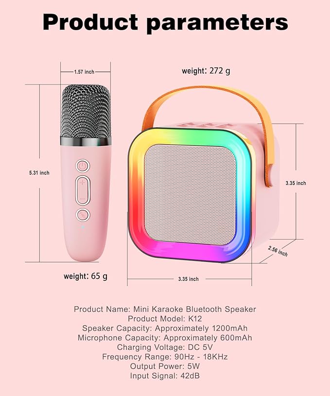 Mini Karaoke Machine Speaker for Kids Adults,Portable Bluetooth with 1-2 Wireless Microphones,Christmas Birthday Gifts Toys Girls Boys Ages 4, 5, 6,7, 8,9,10,11,12+ Years Old Toddler (Pink - 2 Mic)