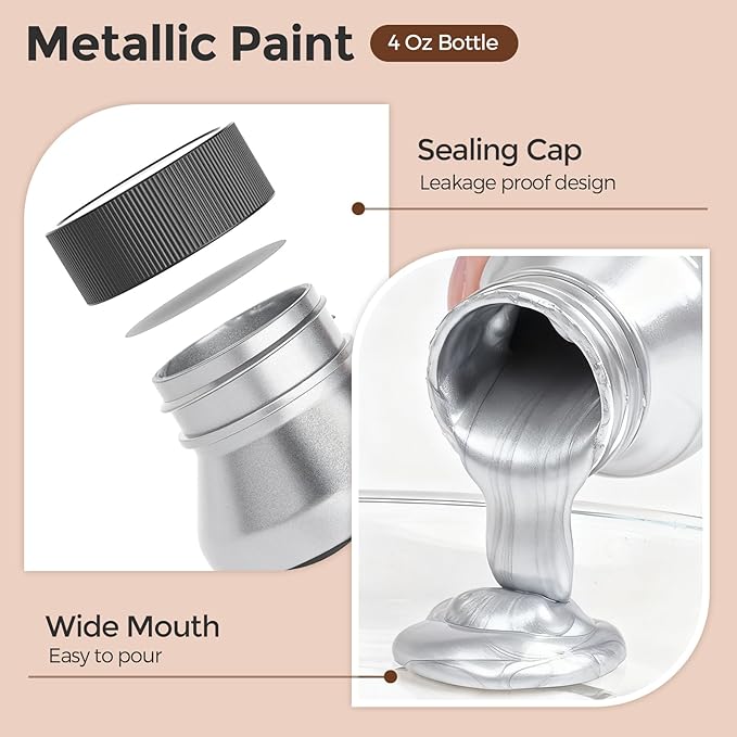 Nicpro Metallic Silver Acrylic Paint, 4oz/120ml Silver Leaf Paint, Non Toxic, Non Fading Art Craft Paints for Canvas, Wood, Clay, Fabric, Metal, Furniture, Art Supplies