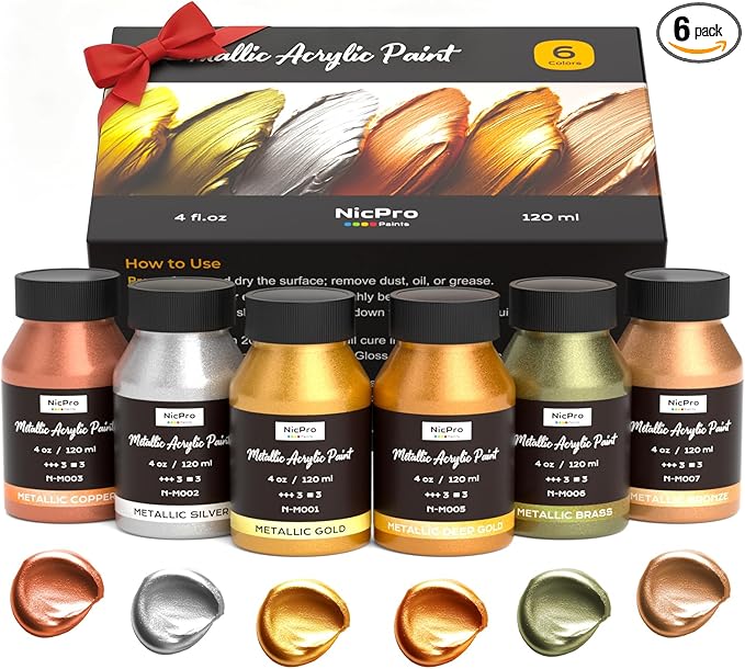 Nicpro Acrylic Paint Metallic, 6 Colors Gold, Silver, Copper, Brass, Bronze, DeepGold, 24oz/720ml Gold Leaf Paint, Non Toxic, Non Fading Paints for Art Painting, Handcrafts, Ideal for Multi-surface