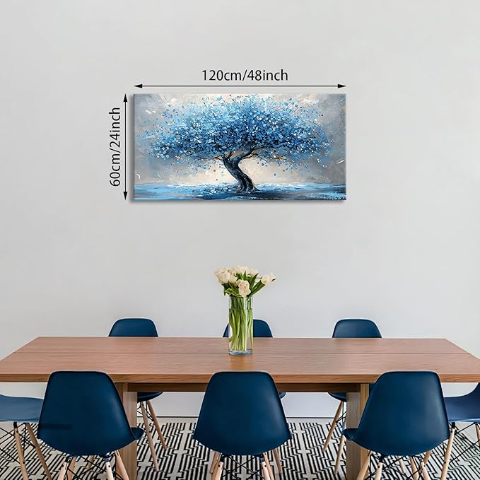 WENGTIAO Large Wall Decor For Living Room, Blue Trees Canvas Wall Art For Bedroom Office Decor Tree Panoramic Landscape Wall Paintings Prints Textured Pictures Artwork Modern Home Decoration 60X120cm