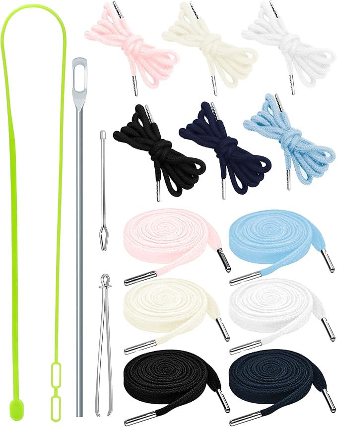 FIVEIZERO 16pcs Drawstring Cord Kit-12pcs Hoodie Strings (Flat & Round,6 Light Colors) with Drawstring Threader Tools,Bodkin,Rope Threader–Draw String Replacement for Pants,Shorts,Shoes