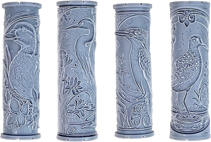 Waterbird Collection 4-Pack Clay Texture Rollers (4") - Bird Set #02 - Embossing Pattern Rollers for Polymer & Ceramic Clay, Pottery & Crafts