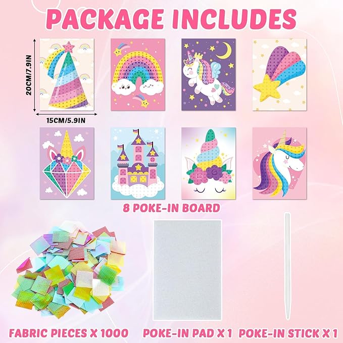 8PCS Poke-in Craft and Art Kit for Kids No-Mess Fabric Sewing Art Girls Boys 4-12 Puzzle Puncture Painting DIY Toy Gifts for Creative Activity Game Birthday Party (Unicorn)