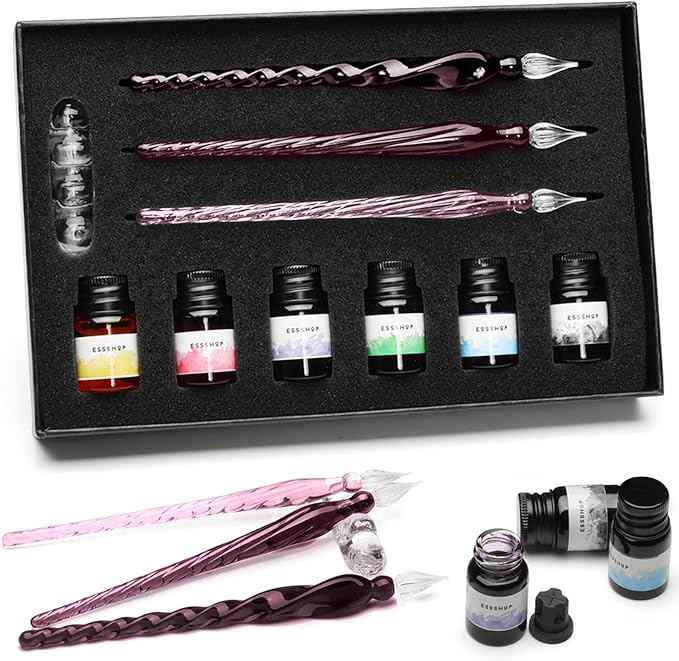 ESSSHOP Glass Pen Calligraphy Set - 3 Purple Crystal Dip Pens Color Ink and Pen Holder Art Supplies Kit for Signatures Beginners Journaling Lettering Drawing Holiday Gift Decoration