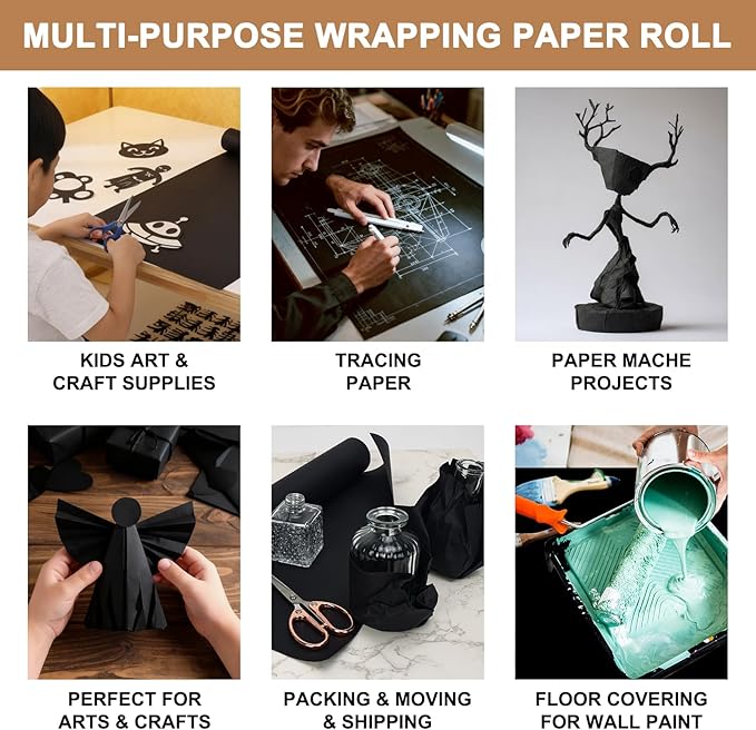 Moretoes 36" x 2,400"(100') Black Wrapping Paper Roll, Kraft Packing Paper Roll for Gift Wrapping Craft Bulletin Board Banner Art Bouquet Flower Packing Moving Shipping 85GSM
