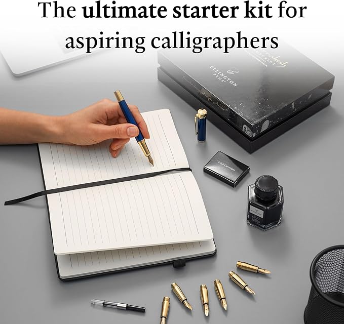 Ellington Pens Luxury Calligraphy Set – Premium Fountain Pen with 6 Nibs, 6 Bottle, 6 Cartridges, Converter, and Elegant Gift Box – Perfect for Calligraphers, Writers, Gifting