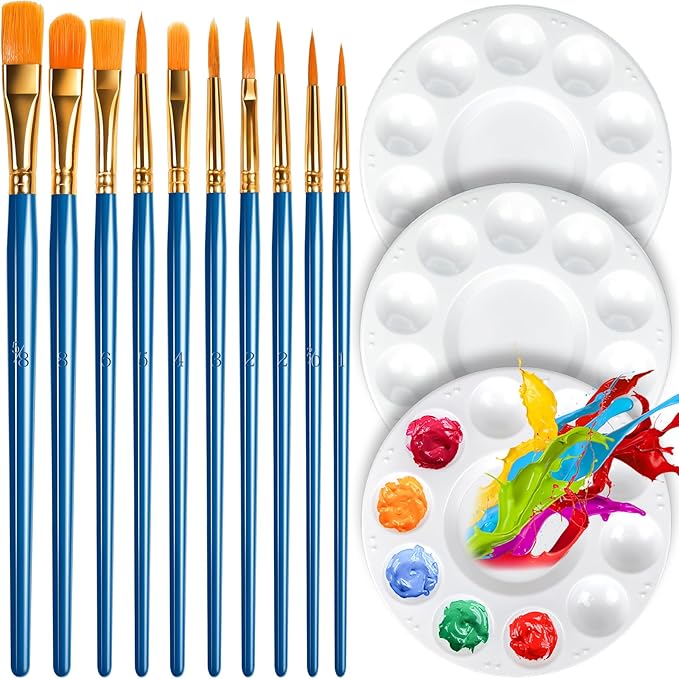 FANDAMEI Paint Brushes & Round Paint Palette Set, Paintbrushes, Synthetic Paint Brush, Brushes for Painting, Plastic Paint Tray Palettes, Paint Brushes for Acrylic Painting, Watercolor, Rock Painting
