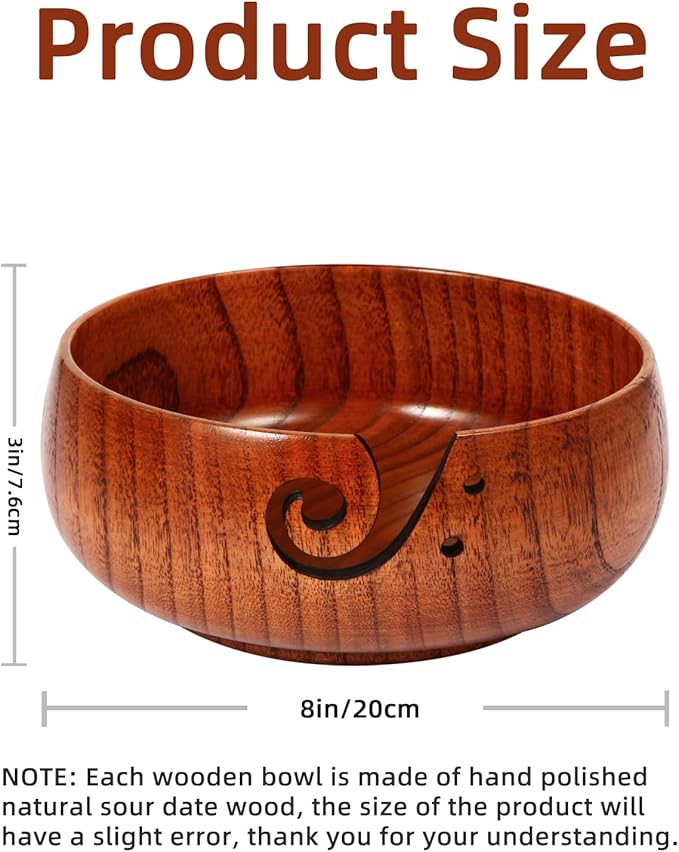 Wooden Yarn Bowl, 8" x 3" Knitting Tool with Holes, Handmade Rounded Edge for Crocheting, Storage Holder for DIY Sewing Supplies
