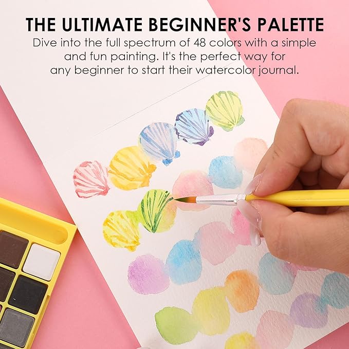 Grabie Mini Watercolor Set, 48 Colors with Brush, Paper Pad and Swatch Sheet, Travel Watercolors Painting Kit for Beginners