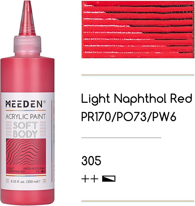 MEEDEN Soft Body Acrylic Paint: Naphthol Red Light Matte Finish - 250ml/8.45oz Bulk Acrylic Colors in Ergonomic Bottle - Fluid Flow Art Paints for Artists Canvas Painting