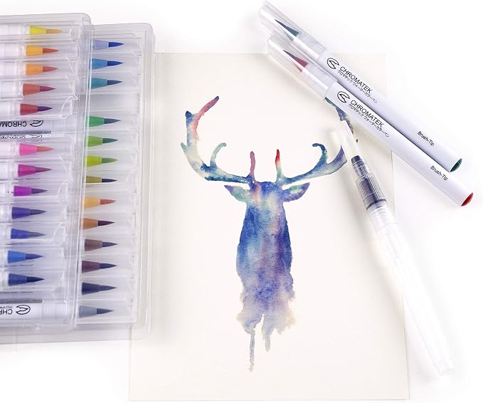 CHROMATEK 30 Watercolor Brush Pens | 15 Page Tutorial Pad & Online Video Series | Brush Tips | Vivid, Blendable Professional Artist Quality | 27 Colors | 3 Aquapens | Complete Water Color Painting Set