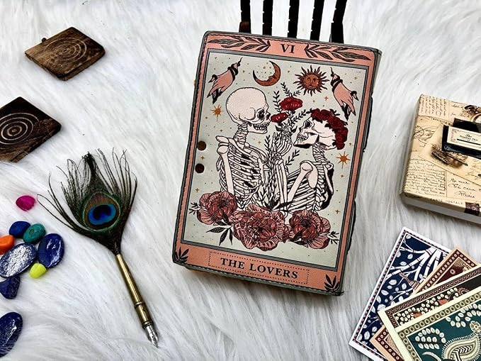 Book of Spells Leather Journal Deckle Edge Paper Grimoire Printed Journal The Lovers Tarot Notebook Spiral Gothic Notebook Skull lover Antique Vintage Leather Journals for Men and Women