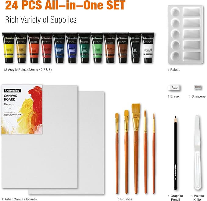All-in-One Acrylic Painting Kit,12x22ml Rich Pigment Acrylic Paints,5 Different Shapes Brushes 2 Canvas Boards Palette Knife,Giftable Art Painting Set for Beginners Adults Artists