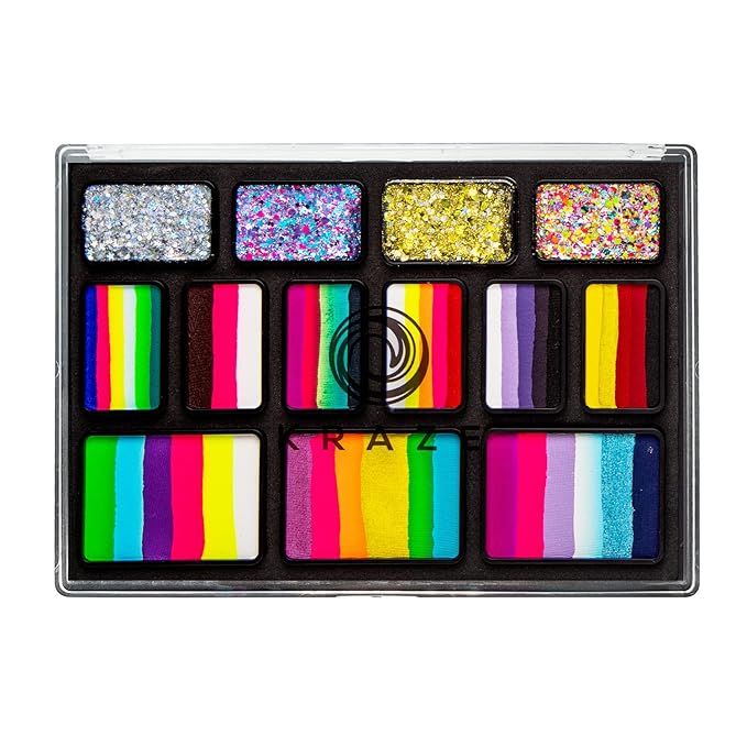 Kraze FX Professional Face Painting Split Cake Palette, Water Activated, Hypoallergenic, Safe, Non Toxic Halloween Party Makeup Face Paint Kit for Kids & Adults (9 Splitcake, 4 Glitter Set)