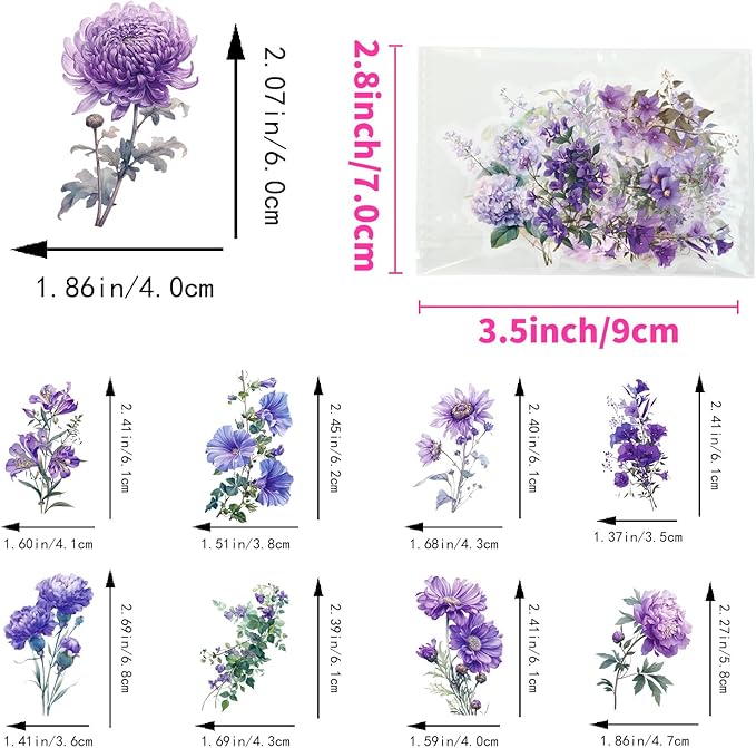 50pcs Purple Flower Stickers for Scrapbooking - Waterproof Transparent Floral Botanical Sticker for Journaling, Crafts, Art Projects, Glass Potion Bottles