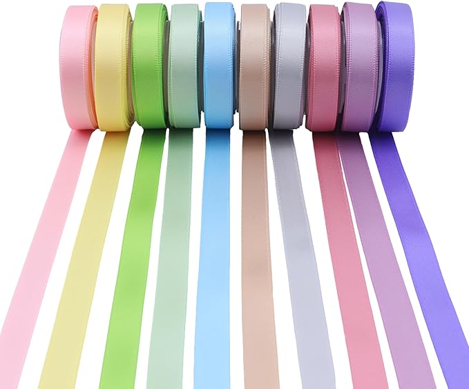 VATIN Pastel Rainbow Ribbon Assortment Satin Rainbow Colored Ribbon 3/8" X 50 Yards, for Crafts, for Gift Wrapping Party Decoration DIY Handmade Hair Bows