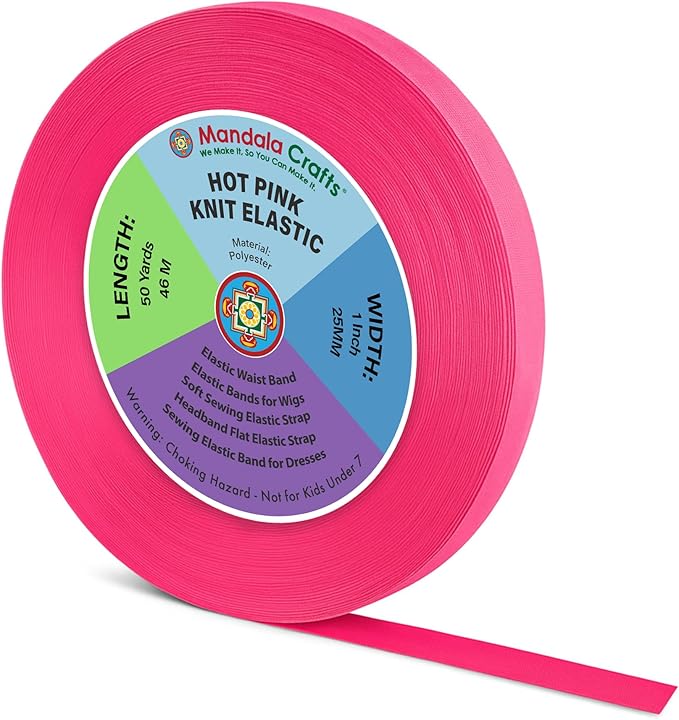 Mandala Crafts Wide 1 Inch Hot Pink Elastic Bands Spool for Pants Waistbands Sewing and DIY Crafts, 50 YD Stretchy Flat Fabric Strap Knit Elastic Band for Wig