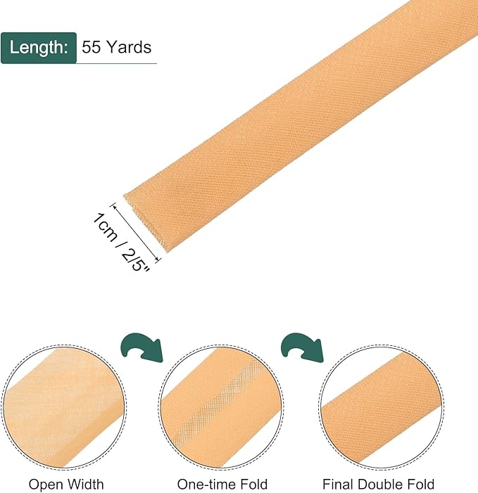 MECCANIXITY 2/5 Inch Double Fold Bias Tape Polyester Continuous Bulk Bias Tape for Sewing,Seaming Quilting Hemming Binding Crafts (Apricot 55 Yards)