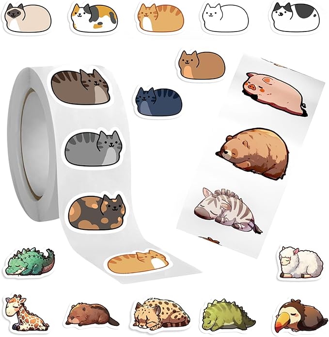1000 Pcs Cute Animal Stickers Cartoon Sleepy Animals and Kawaii Kitten Stickers Rolls 20 Style Vinyl Waterproof Decorative Decals for Gift Wrapping Scrapbook Laptop Decorations
