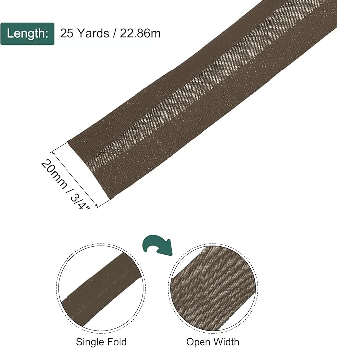 MECCANIXITY 3/4 Inch Single Fold Bias Tape Polyester Continuous Bulk Bias Tape Roll for Sewing, Seaming Quilting Hemming Binding Crafts (Brown 25 Yards)