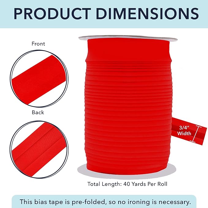 Mandala Crafts 3/4 Inch Single Fold Bias Tape for Sewing, Quilting, Piping, Hemming, Blanket & Quilt Binding – 40 Yards Red Fabric Seam Binding Tape