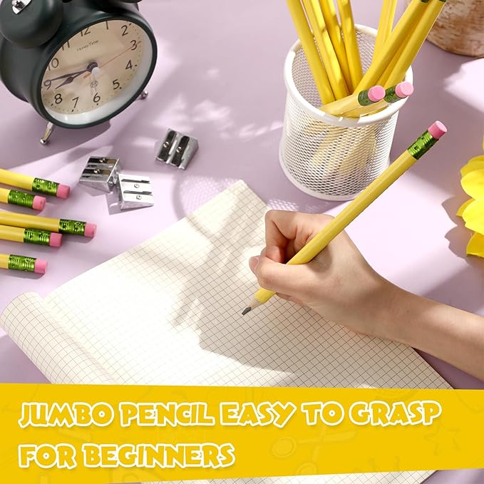 Fainne 102 Pcs Bulk Thick Jumbo Graphite Pencils Set 96 Fat Giant Large Pencils and 6 Sharpeners Enhanced Grip for Art Drafting Writing Drawing Office and Home Use(Yellow,Triangle)