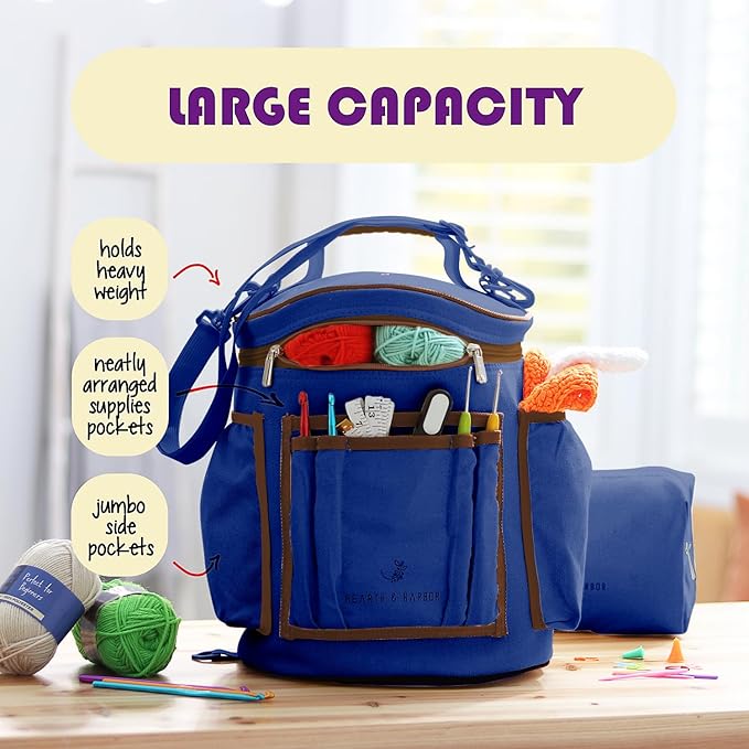 Hearth & Harbor Crochet Bag Organizer – Durable Knitting Bag, Yarn Organizer for Accessories and Supplies, Canvas Yarn Holder, Crochet Carrying Case with Accessories Pouch, Storage Organizer – Blue
