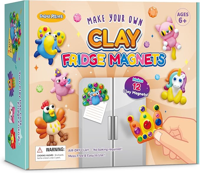 Make Your Own Clay Fridge Magnets Kit, Air-Dry Clay Crafts for Kids, Includes Instruction Book with 30 Designs, Makes 12 Fridge Magnets
