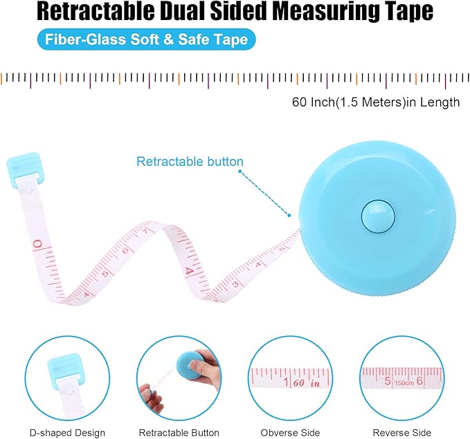 Tape Measure 150 cm 60 Inch Push Button Tape Body Measuring Soft Retractable for Sewing Double-Sided Tailor Cloth Ruler (Sky Blue) 3 Pack by BUSHIBU