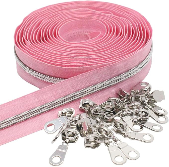 MebuZip #5 Silver Metallic Nylon Coil Zippers by The Yard Bulk Coil Zipper Roll 10 Yards with 25pcs Pulls for DIY Sewing Craft Bags (Pink)