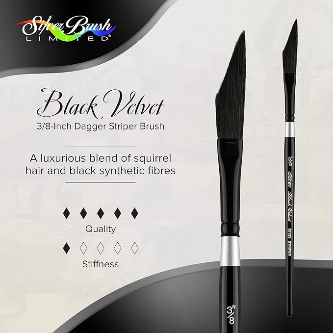 Silver Brush Limited 3012S-3/8 Black Velvet Dagger Striper Paintbrush for Watercolor, Gouache, Inks, & Dyes, Size 3/8 Inch, Short Handle
