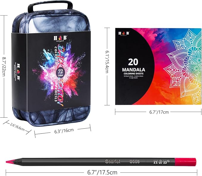 H & B 72-Color Colored Pencils Set with Mandala Coloring Sheets, Eraser, Sharpener - Soft Oil-Based CoresArt Supplies Drawing Kit for Adults, Kids, and Beginners