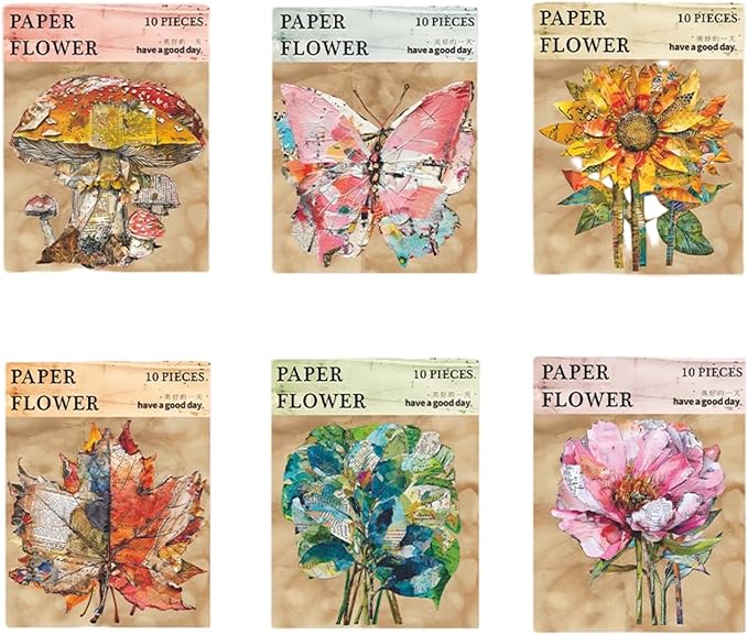 60 PCS Vintage Hard Card Flower Leaf Mushroom Butterfly Stickers, Aesthetic Decorative 3D Simulation Scrapbook Stickers for DIY Diary Junk Journal Handbook Journaling Scrapbooking Supplies Kit