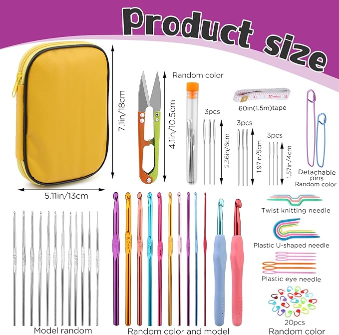 IMZAY 66 Pcs Crochet Needles Set, Crochet Hooks Set with Storage Case, Ergonomic Blunt Needles Stitch Marker DIY Hand Knitting Craft Art Tools for Beginners(Yellow)