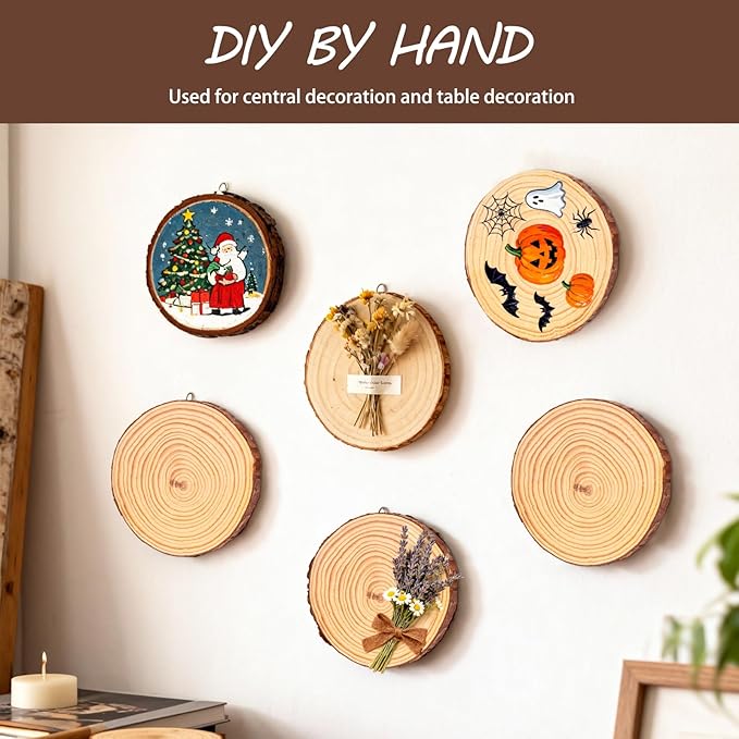 FSWCCK 6 PCS Unfinished Wood Slices for Centerpieces - 6-7 Inch,Round Natural Discs with Tree Bark, Wooden Cookies Circles for Crafts Christmas Ornaments, Rustic Wedding Decor,Table Decoration(6"-7")