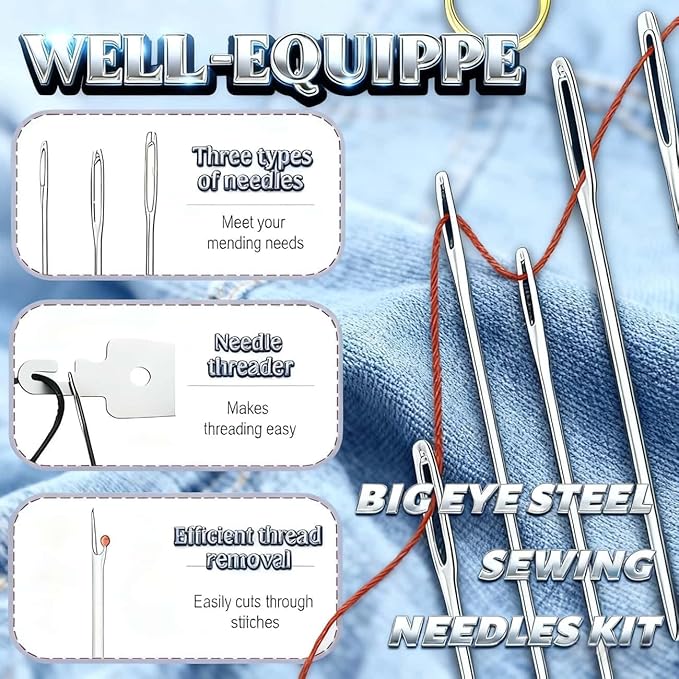 43pcs Big Eye Steel Sewing Kits Christmas White Elephant Gifts for Grandma Adults Teen Girls Beginner Traveler DIY Craft Enthusiasts, Threader and Stainless Steel Sewing Needles, Storage Pouch