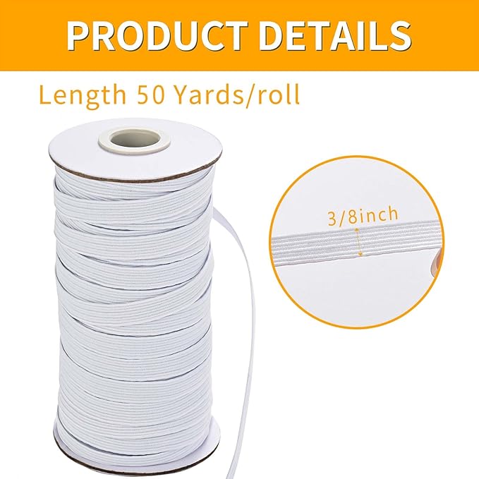 XKDOUS Elastic Band for Sewing, 3/8 Inch 50 Yards White Knit Elastic Bands High Elastic Cord for Sewing Waistband and Pants Waist